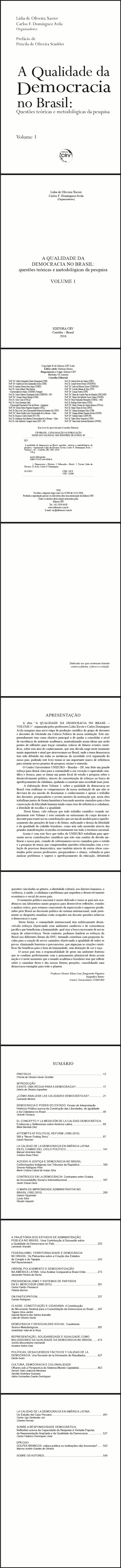 A QUALIDADE DA DEMOCRACIA NO BRASIL:<br>questões teóricas e metodológicas da pesquisa<br>VOLUME 1